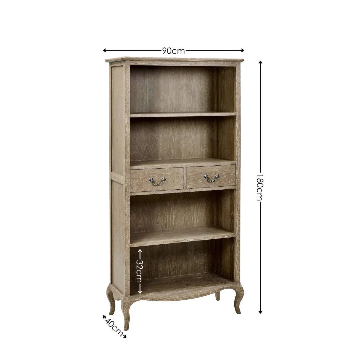 Camille French Style Tall Bookcase with Drawers | Lime Washed Oak