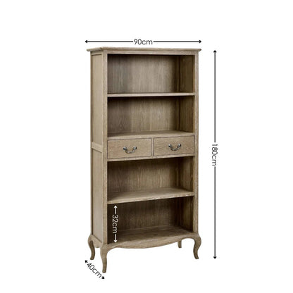 Camille French Style Tall Bookcase with Drawers | Lime Washed Oak