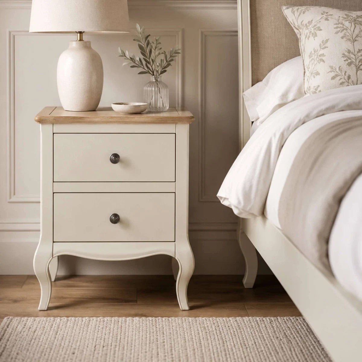 Camille 2 Drawer Bedside Table | Ivory & Limed Oak