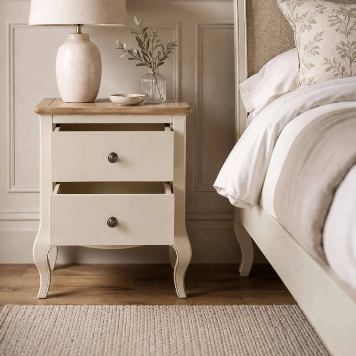Camille 2 Drawer Bedside Table | Ivory & Limed Oak