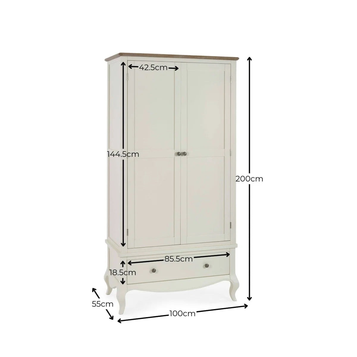 Camille Double Wardrobe with Drawer | Ivory & Limed Oak