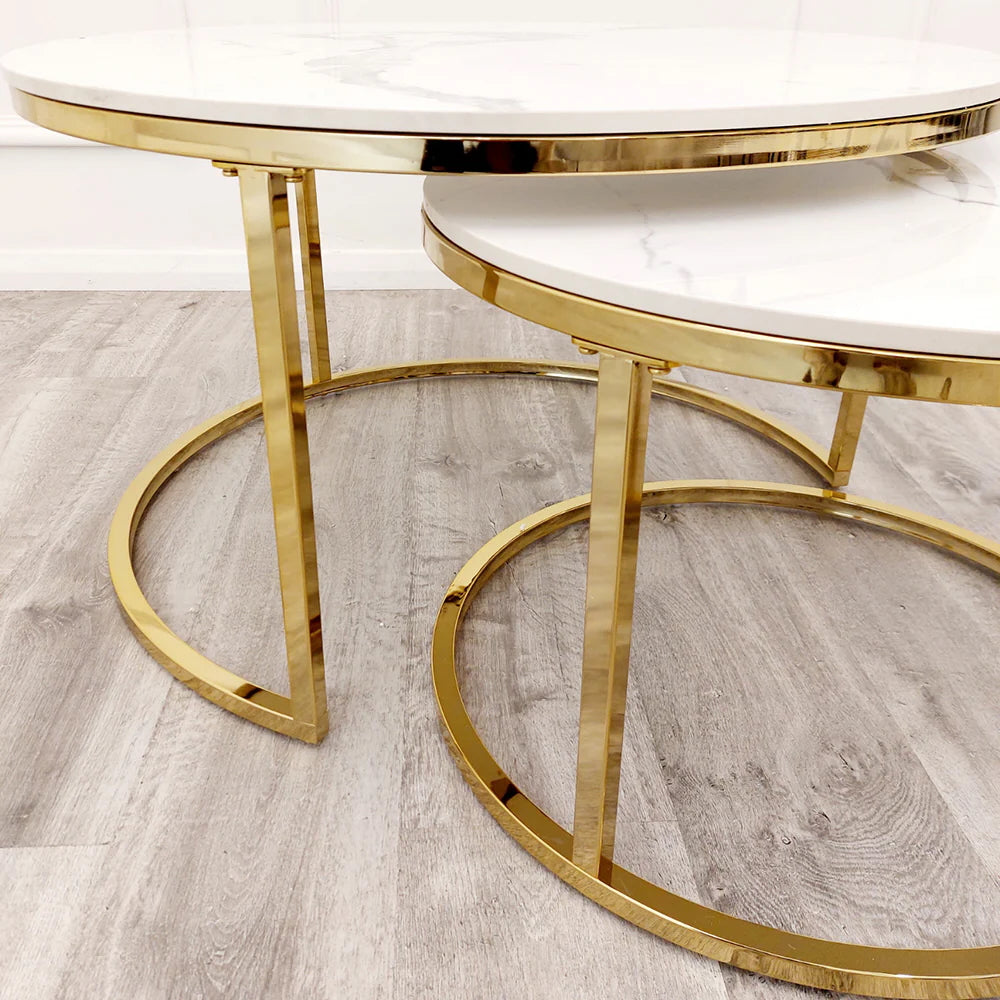 Nest of Two Gold Round Coffee Tables with Polar White Sintered Stone Tops