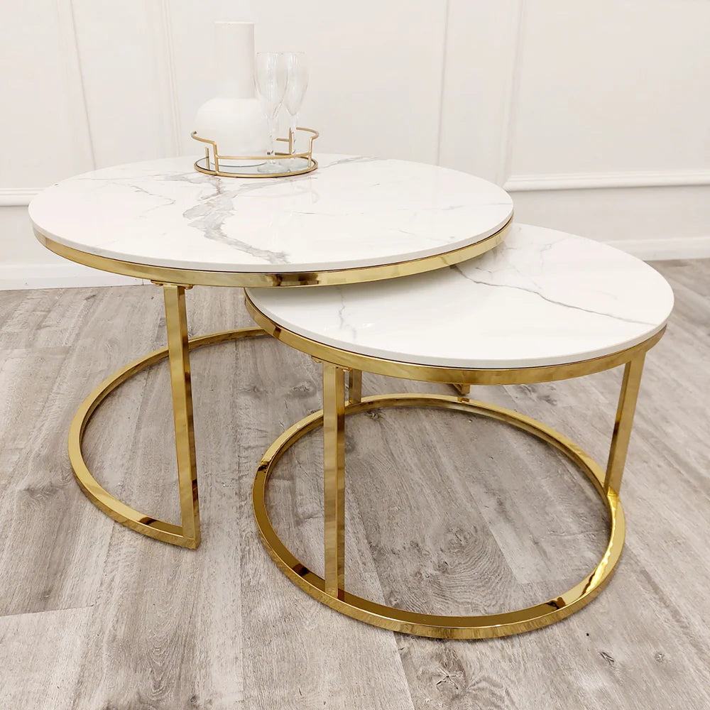 Nest of Two Gold Round Coffee Tables with Polar White Sintered Stone Tops