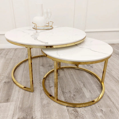 Nest of Two Gold Round Coffee Tables with Polar White Sintered Stone Tops
