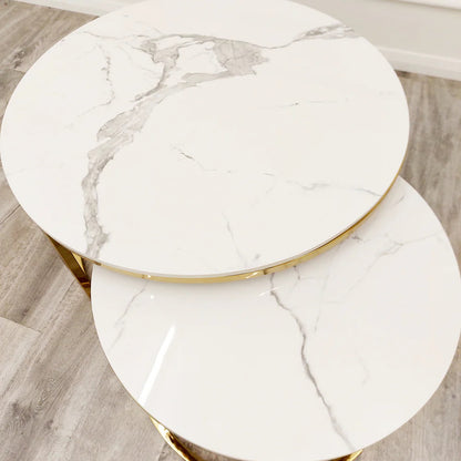 Nest of Two Gold Round Coffee Tables with Polar White Sintered Stone Tops