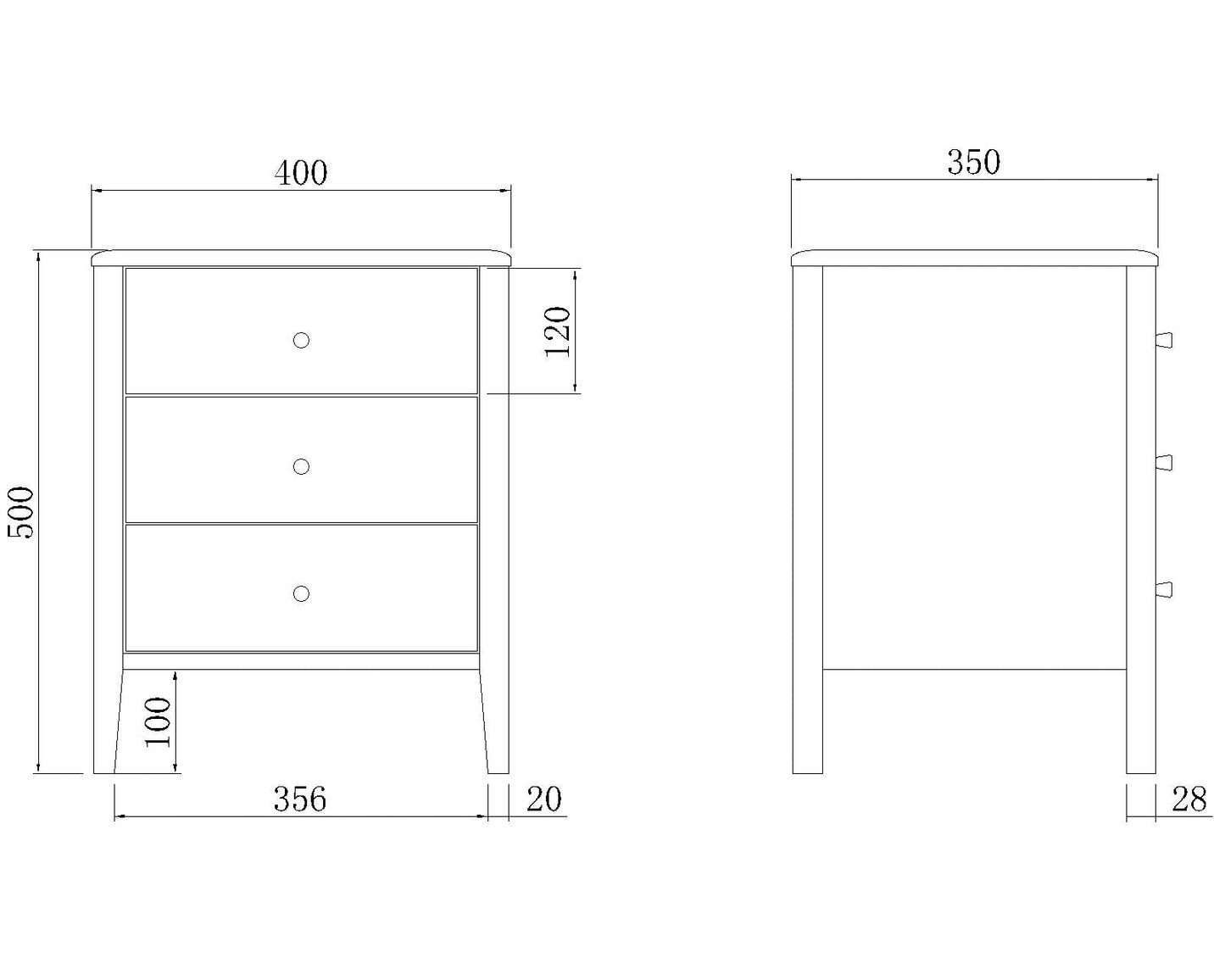 Wright Oak 3 Drawer Bedside Table