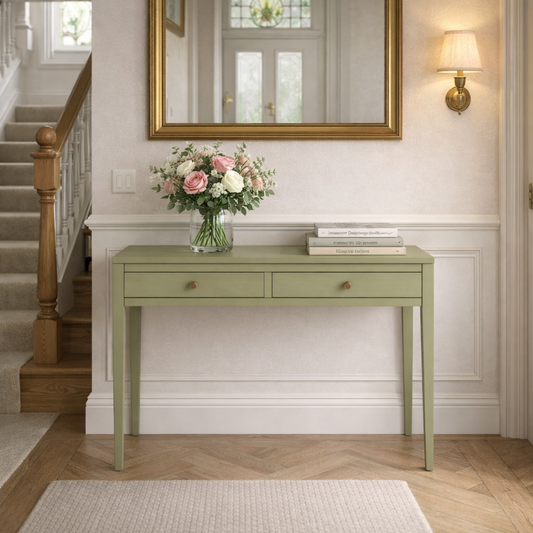 Green console table with flowers and books in a home interior setting.
