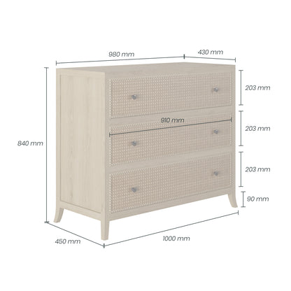 Shop the elegant Witley Chest of Drawers in oak with rattan latticed front by D.I. Designs. FREE UK MAINLAND DELIVERY. Shop online now at www.nobleandnook.co.uk