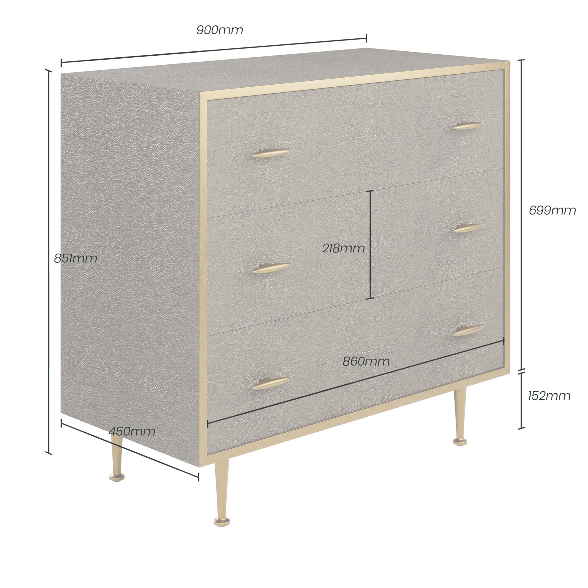 Shop the luxurious Hampton Chest of Drawers in Shagreen Grey with antique brass style handles and legs. Shop online now at www.nobleandnook.co.uk