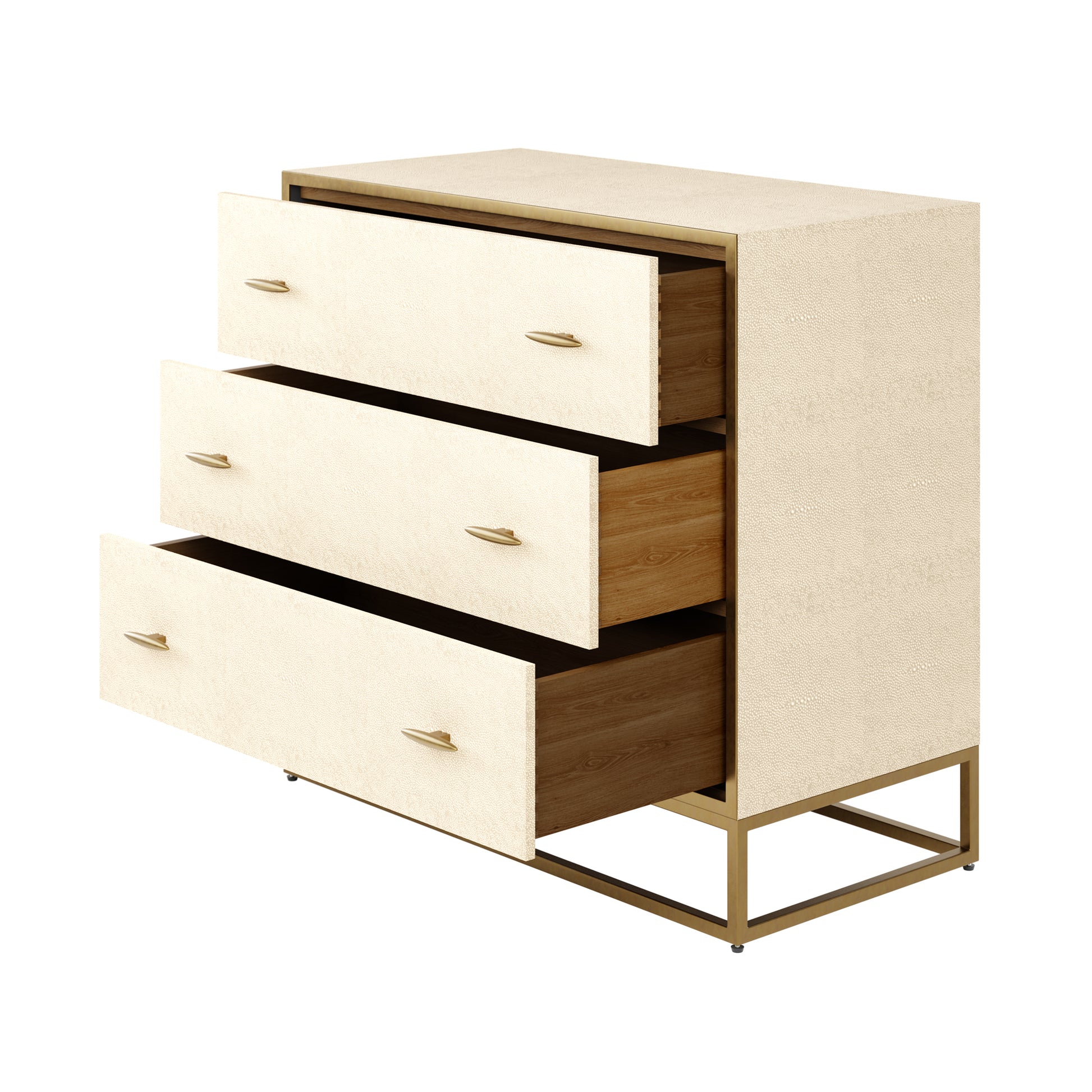 Shop the luxurious Hampton Chest of Drawers in Ivory Shagreen, adorned with exquisite faux shagreen and complemented by antique brass style handles and legs. Shop online today at www.nobleandnook.co.uk