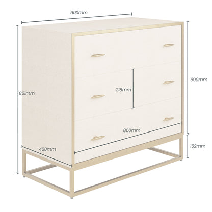 Shop the luxurious Hampton Chest of Drawers in Ivory Shagreen, adorned with exquisite faux shagreen and complemented by antique brass style handles and legs. Shop online today at www.nobleandnook.co.uk