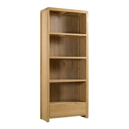 Wooden bookshelf with four shelves on a white background