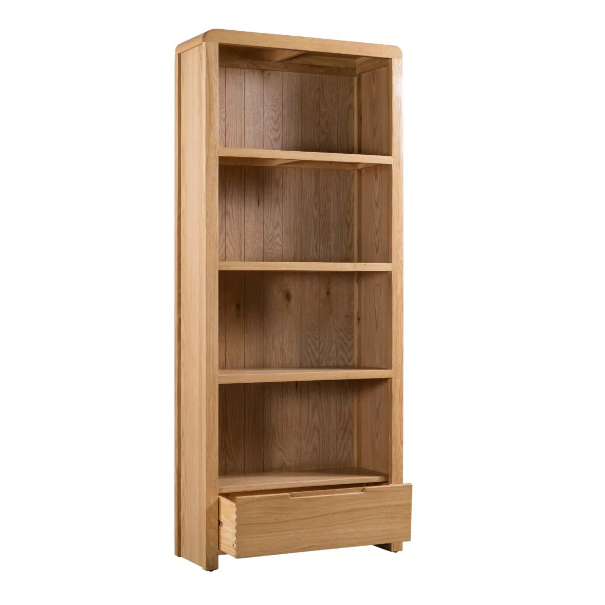 Wooden bookshelf with a drawer on a white background