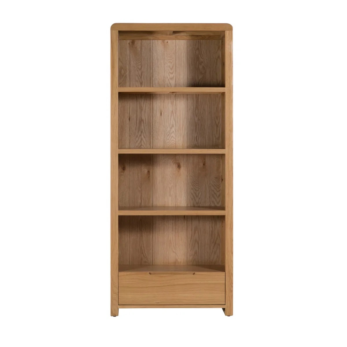 Wooden bookshelf with four shelves on a white background