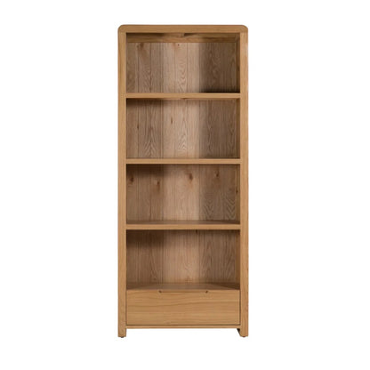 Wooden bookshelf with four shelves on a white background