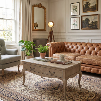 A styled living room featuring a light gray wooden coffee table with a marble top, set on a patterned oriental rug next to a brown leather Chesterfield sofa and a gray armchair.