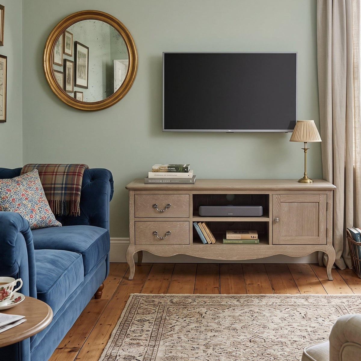 A styled living room featuring a light beige wooden TV stand cabinet beneath a wall-mounted flat-screen television. The room has sage green walls, a blue velvet sofa with patterned cushions, a round gold-framed mirror, and a traditional patterned rug on a wooden floor.