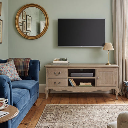A styled living room featuring a light beige wooden TV stand cabinet beneath a wall-mounted flat-screen television. The room has sage green walls, a blue velvet sofa with patterned cushions, a round gold-framed mirror, and a traditional patterned rug on a wooden floor.