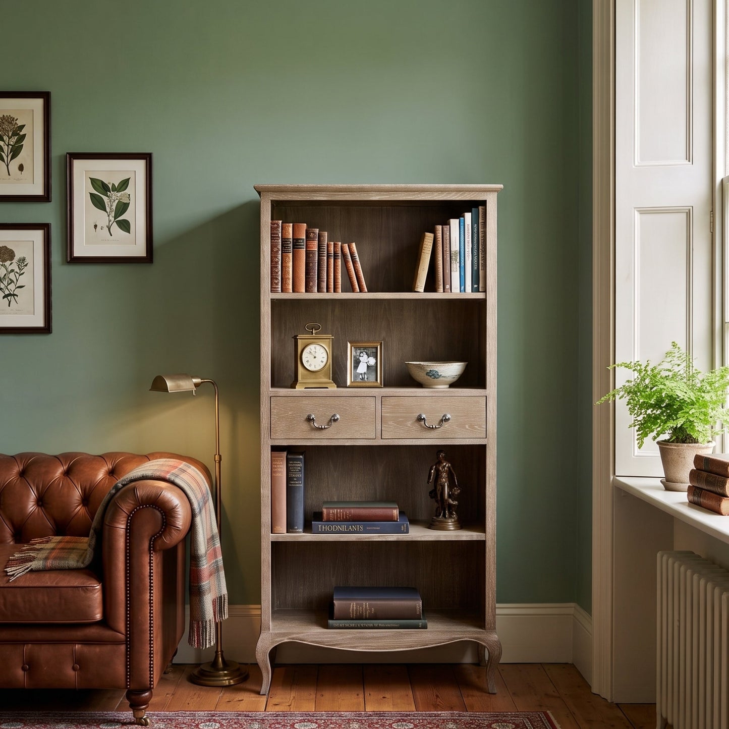 Camille French Style Tall Bookcase with Drawers | Lime Washed Oak