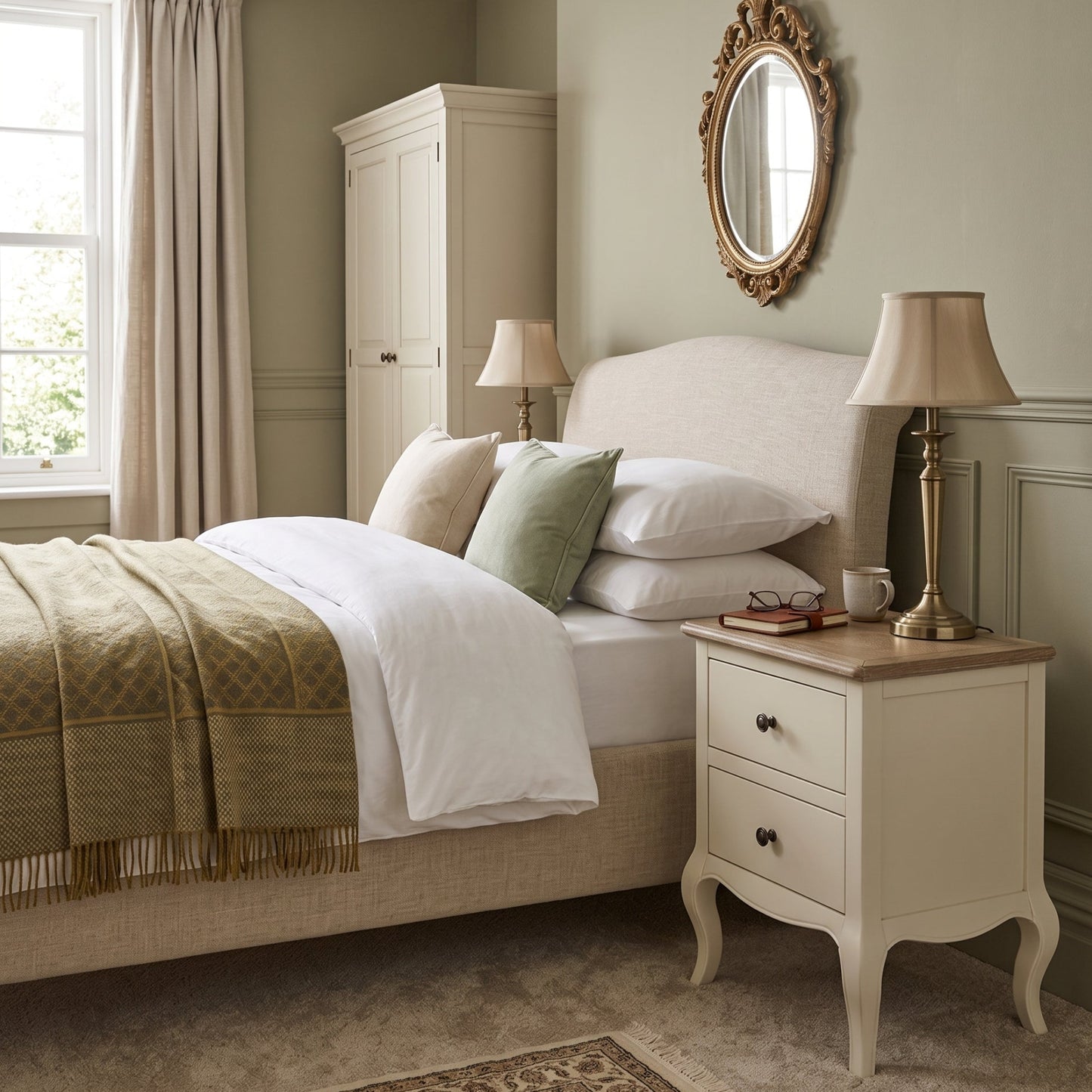 A styled bedroom scene featuring a cream upholstered bed with white and sage green bedding, a matching cream nightstand with a wood top and brass lamp, a tall cream wardrobe, and sage green walls.