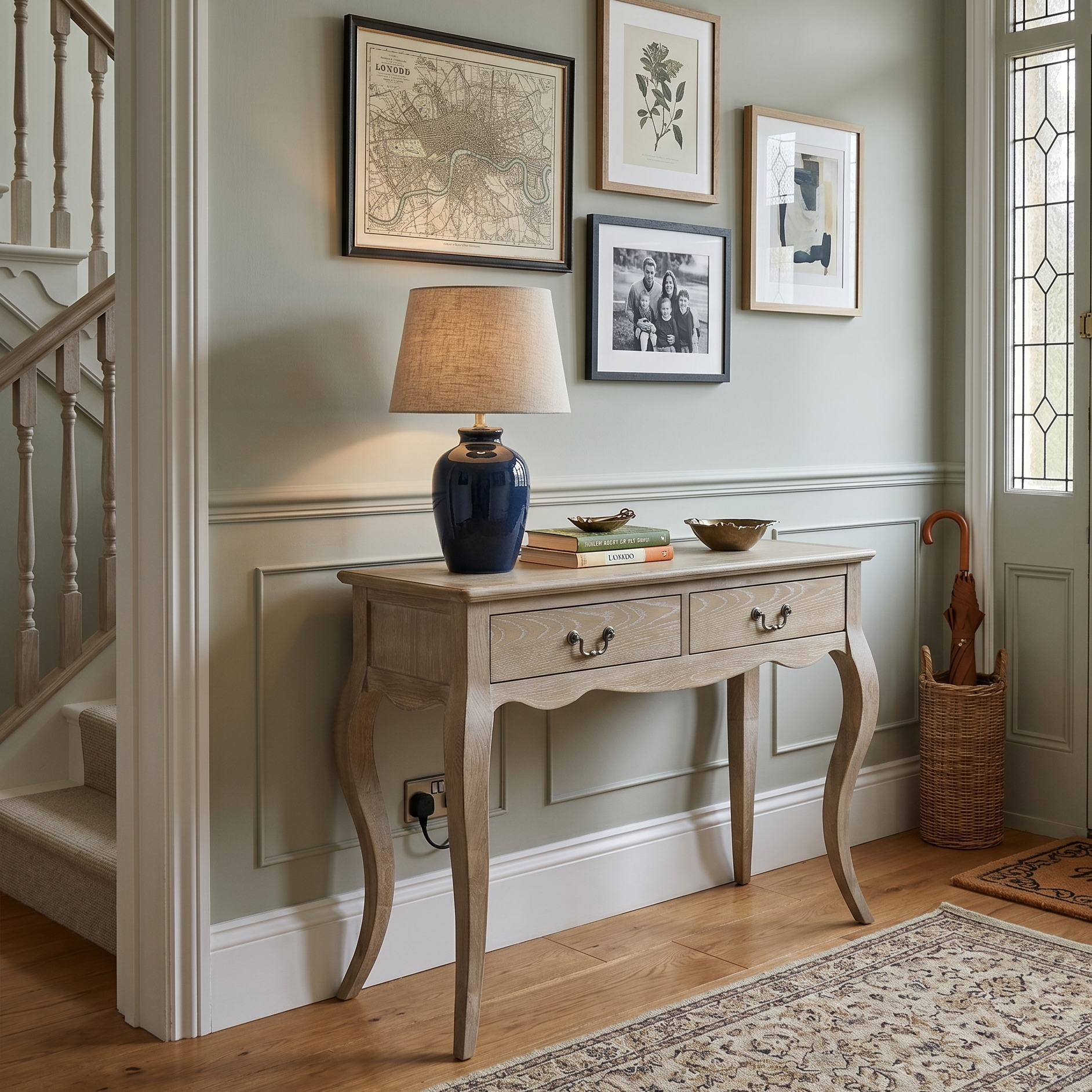 Console table with decorative items in a home interior setting