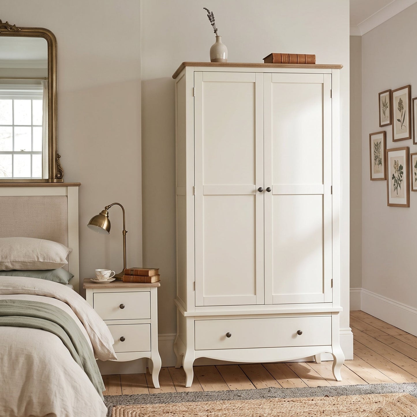 A classic white wooden double-door wardrobe with a light oak top and drawer base, styled in a bright, neutral-toned bedroom next to a matching nightstand and bed.