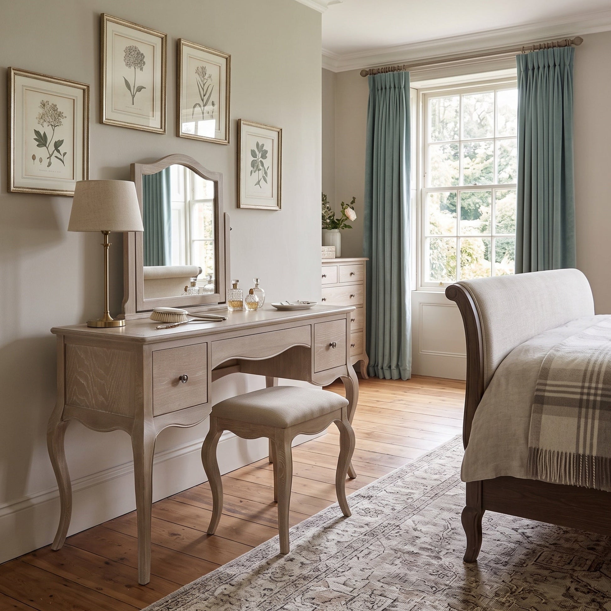 A light beige wooden vanity table with a matching upholstered stool, a wall mirror, and a table lamp, styled in a classic bedroom setting with a window, teal curtains, and botanical wall art.
