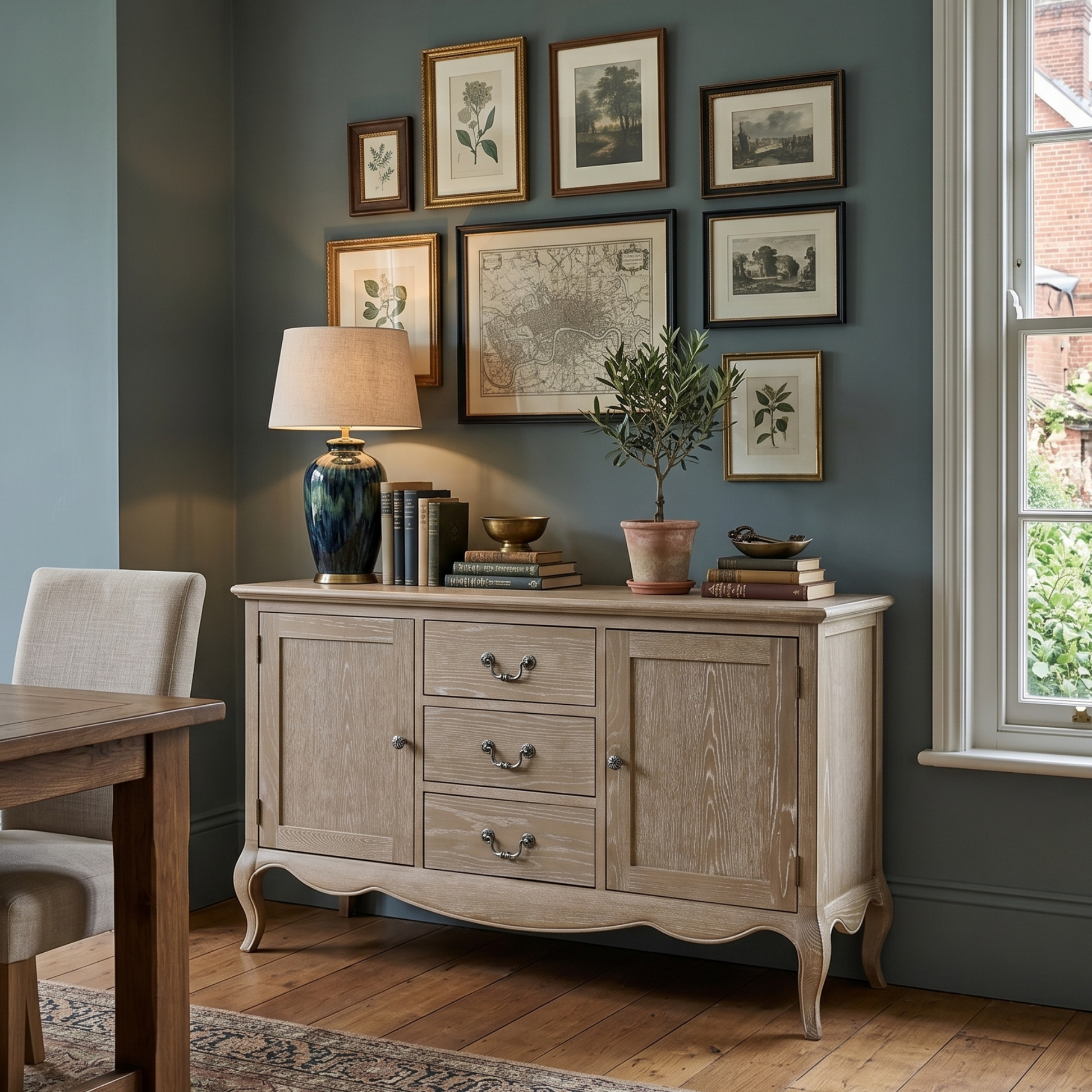 Wooden sideboard with decorative items against a wall with framed pictures.