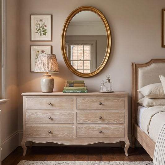 A styled bedroom featuring a distressed light beige wooden dresser with a round gold-framed mirror, a table lamp, and books on top, positioned next to a bed with striped bedding.