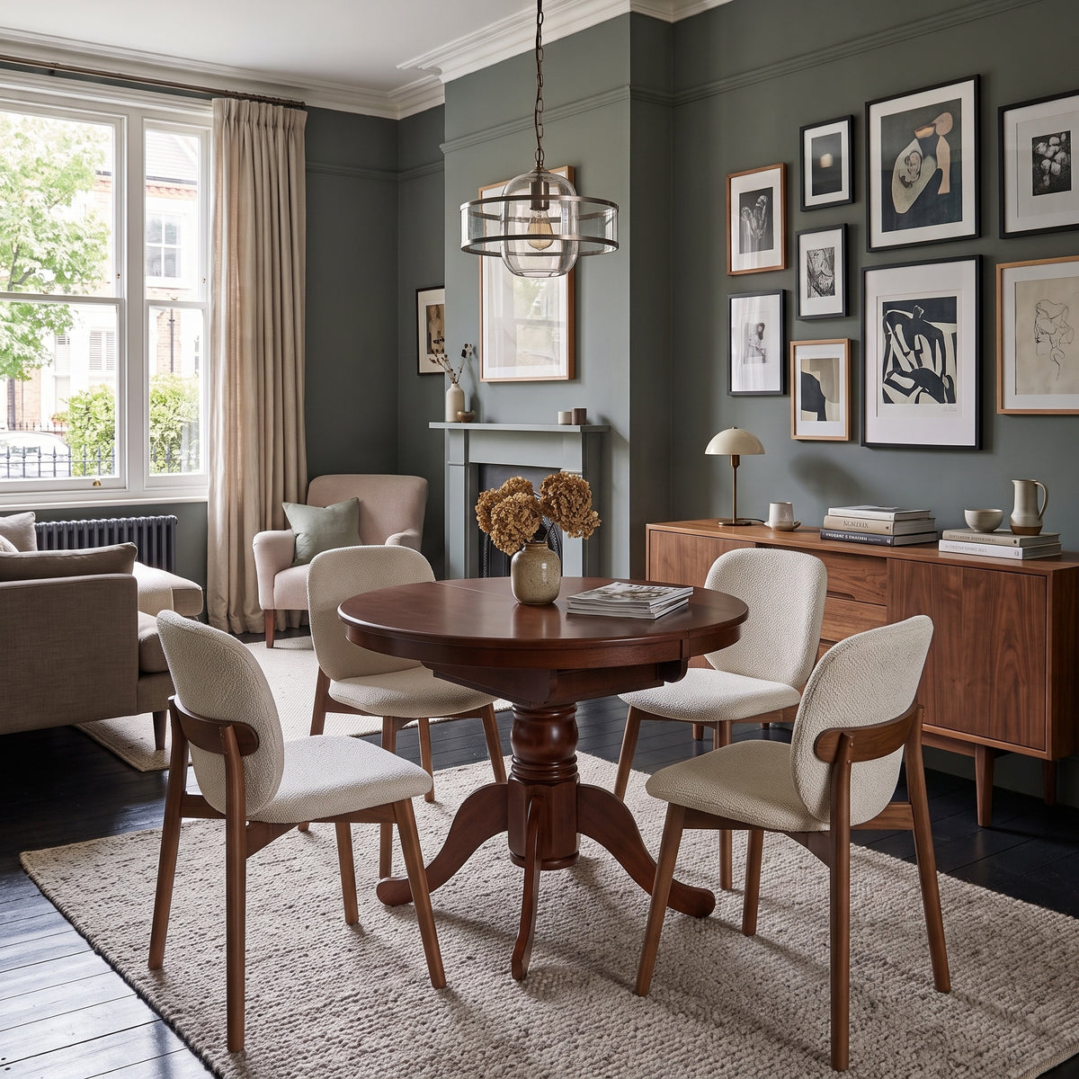 A round dark wood pedestal dining table surrounded by four upholstered chairs with light beige fabric and curved wooden arms, set on a textured rug in a styled dining room.