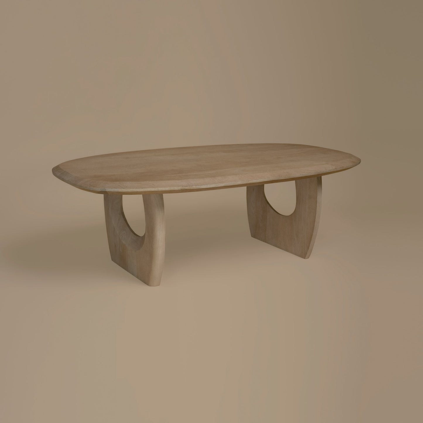 Wooden coffee table with a minimalist design on a beige background