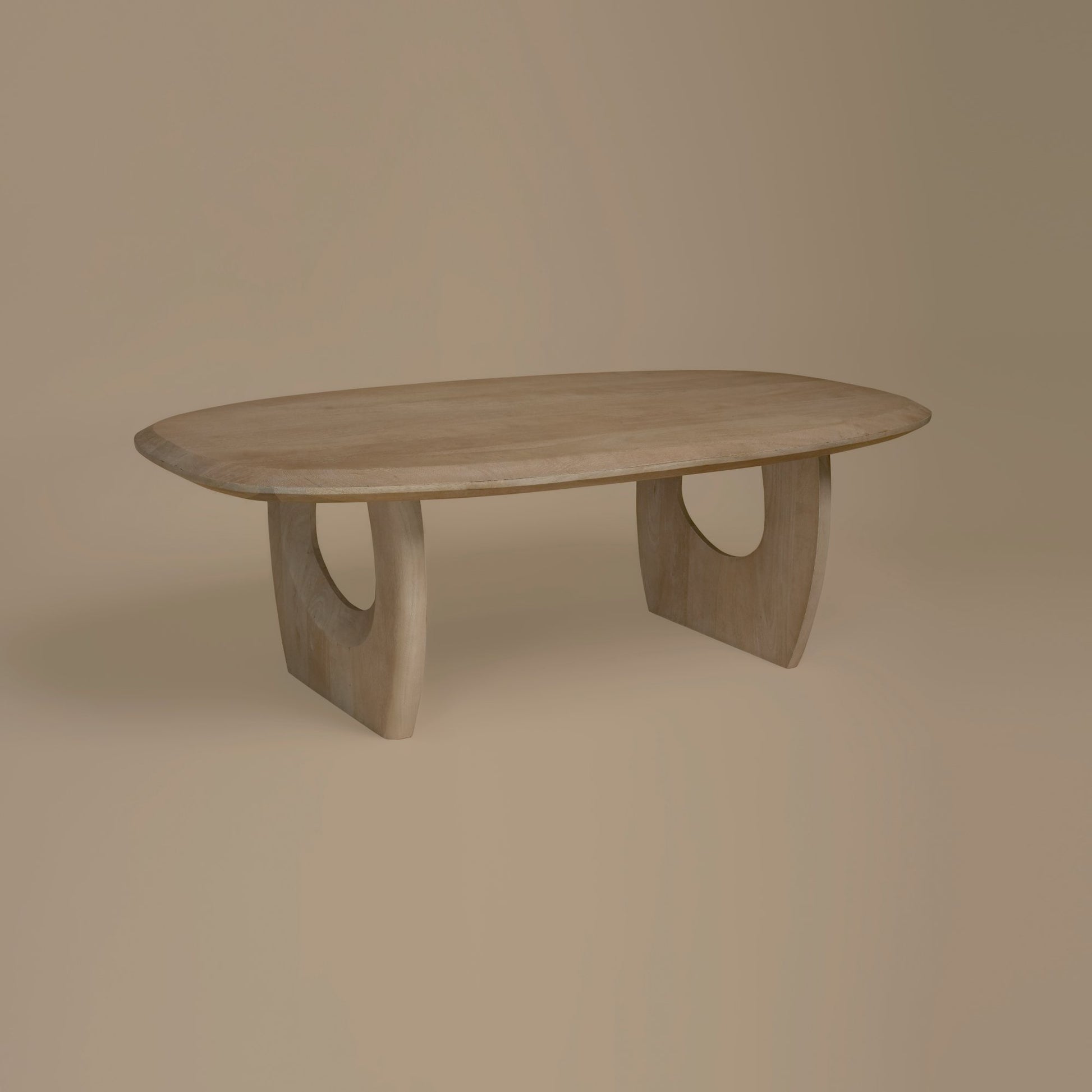 Wooden coffee table with a minimalist design on a beige background