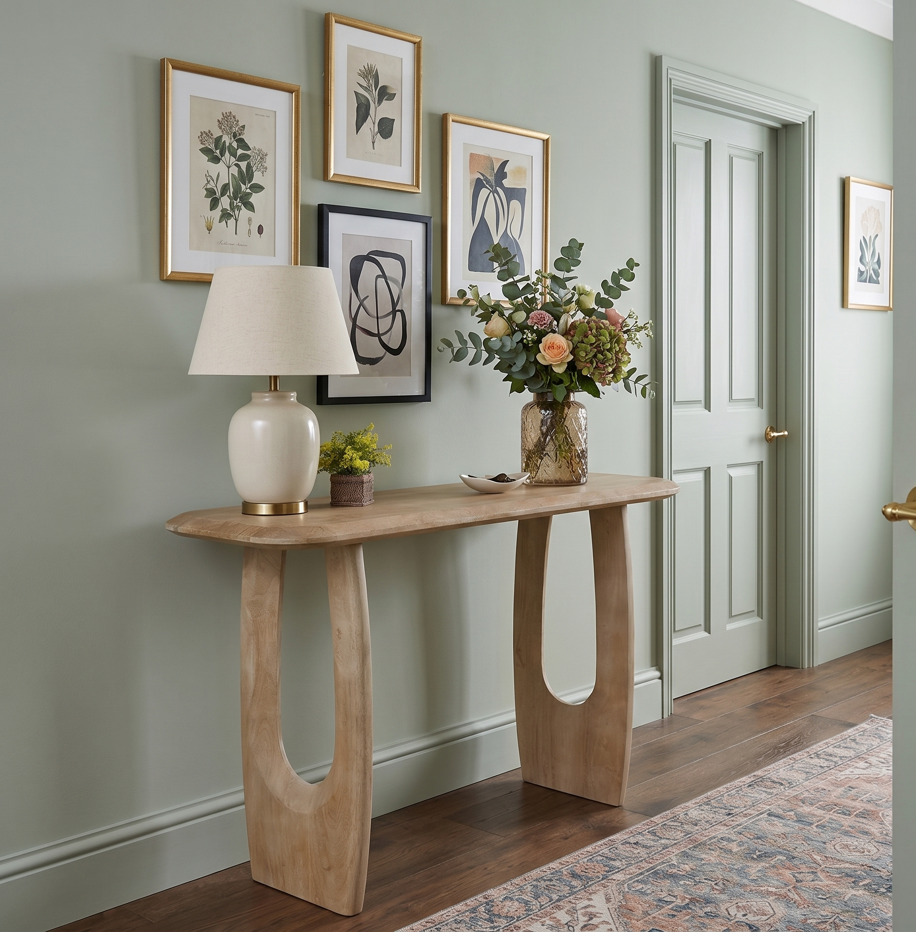 A light natural wood console table with sculptural cutout legs in a styled entryway. The table holds a white ceramic table lamp with a beige shade and a glass vase filled with a floral arrangement.