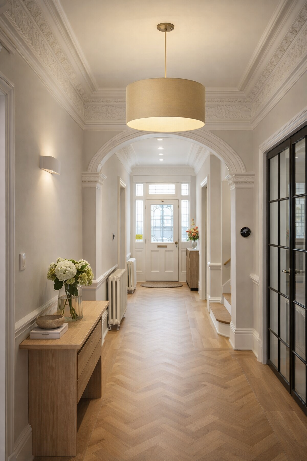  hallway with wooden floor, light fixture, and decorative elements