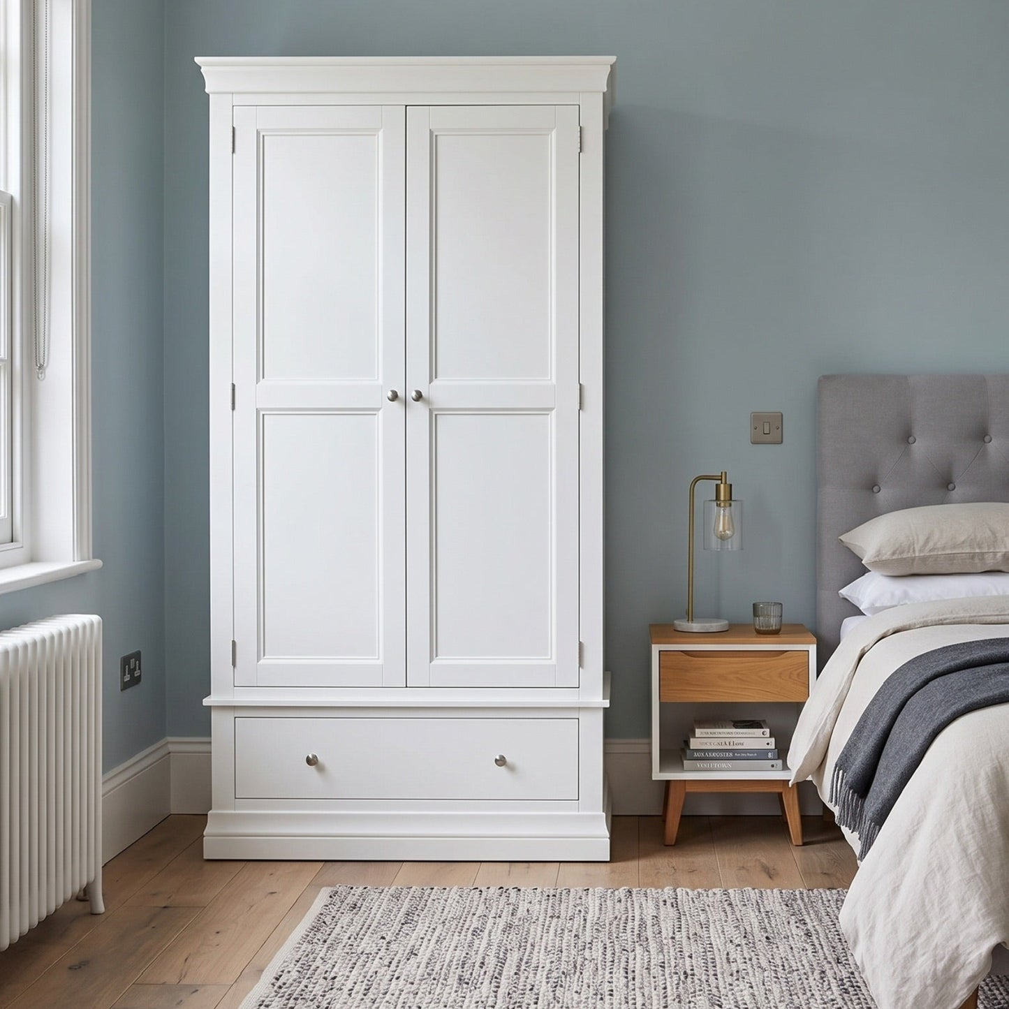 A tall white wooden double-door wardrobe with a single drawer beneath, shown in a styled bedroom with blue walls, a bed, and a bedside table.