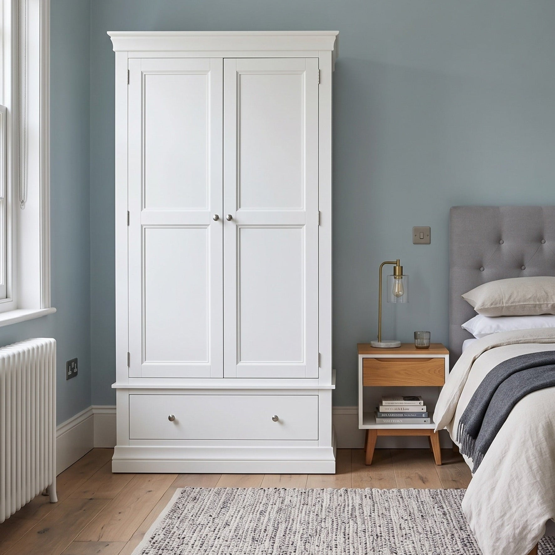 A tall white wooden double-door wardrobe with a single drawer beneath, shown in a styled bedroom with blue walls, a bed, and a bedside table.