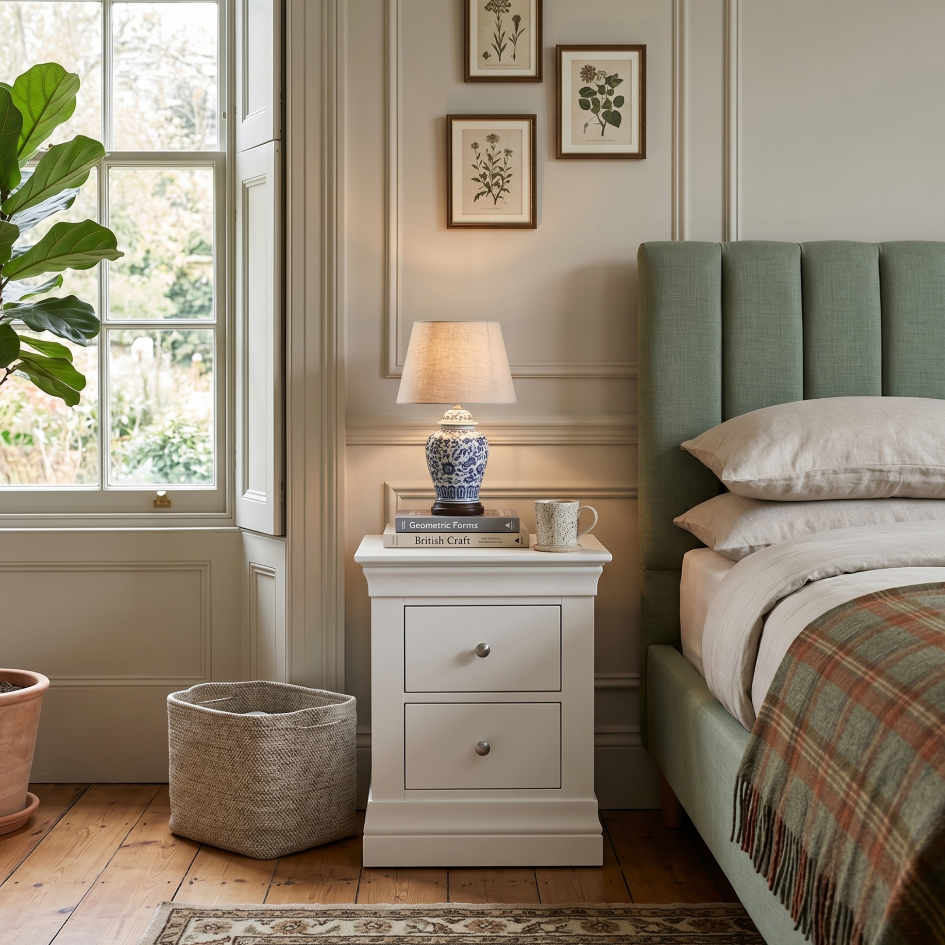 Cosy bedroom with a bed, nightstand, and decorative elements.