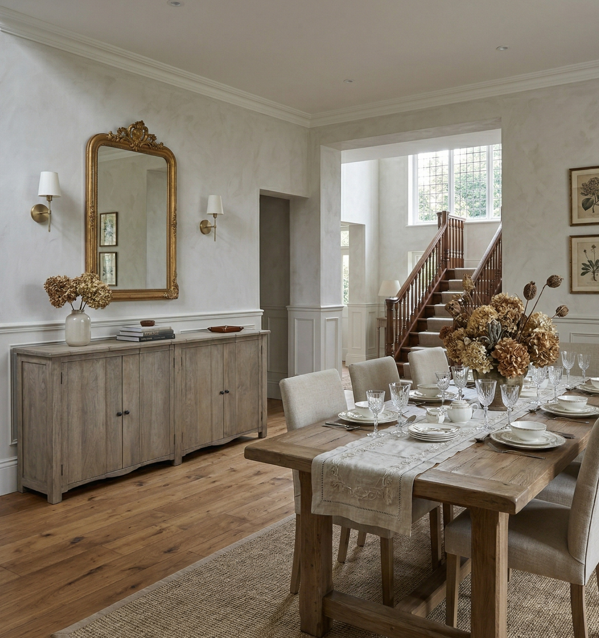 Dining room with wooden table set for a meal, large mirror on the wall, and staircase in the background.