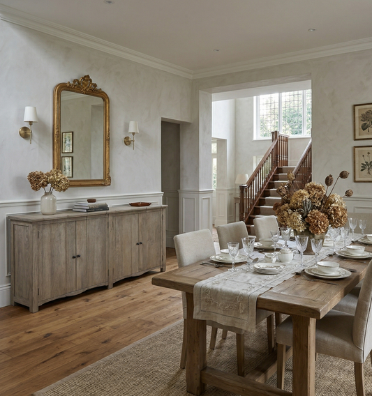 Dining room with wooden table set for a meal, large mirror on the wall, and staircase in the background.