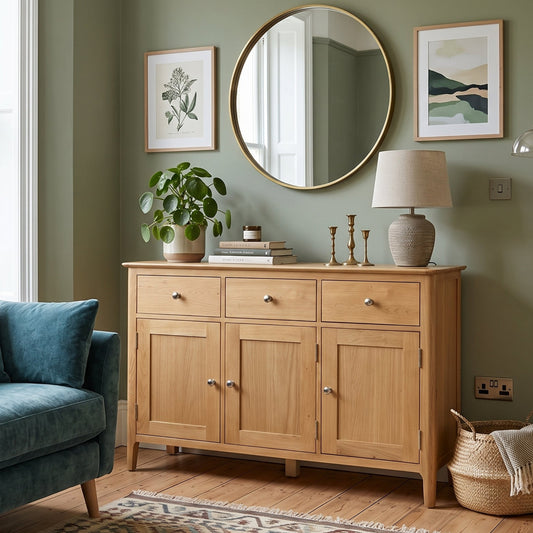A light natural wood sideboard cabinet in a styled living room with sage green walls, a blue sofa, a round gold-framed mirror, and decorative items on top.