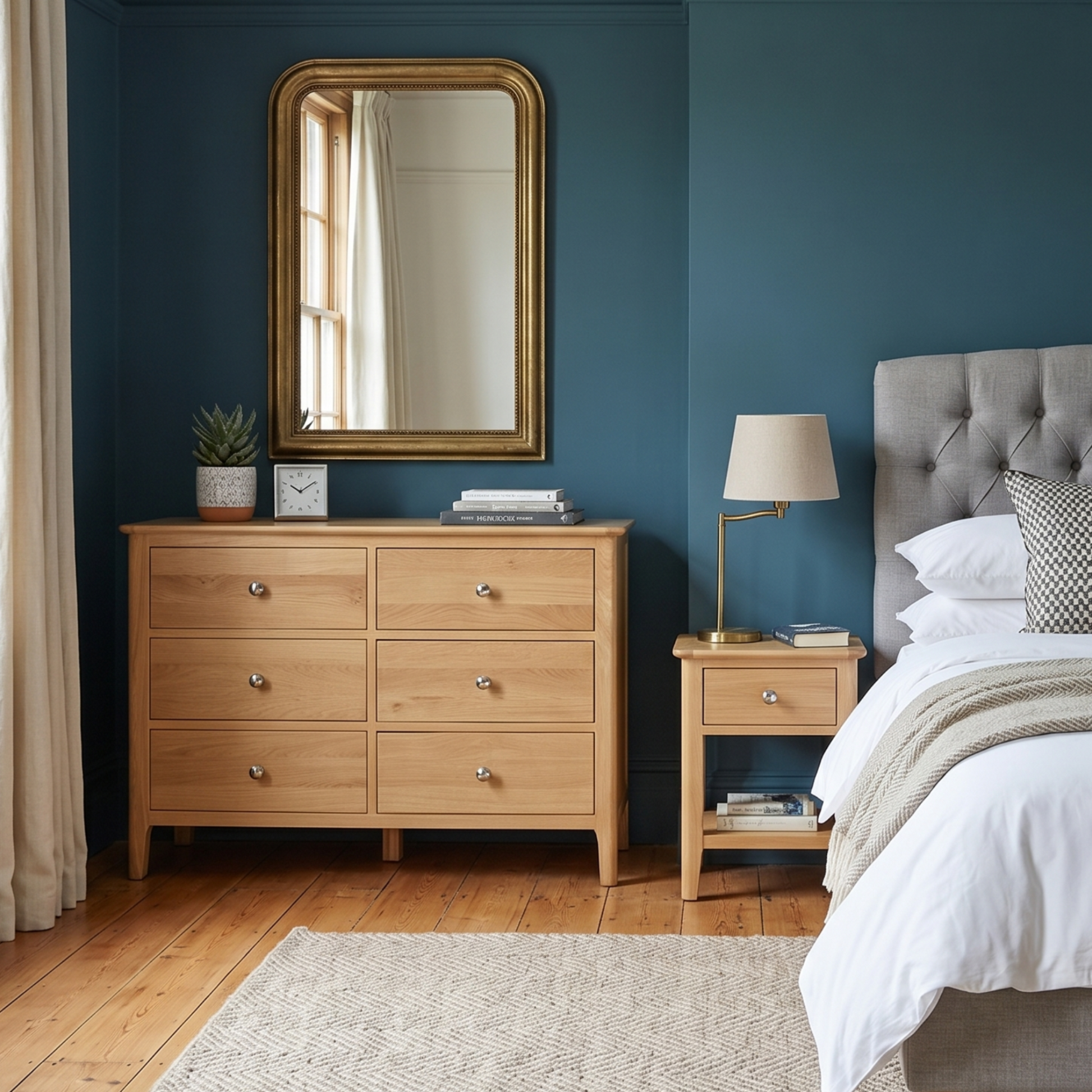 Neatly arranged bedroom with wooden dresser, mirror, and bed.