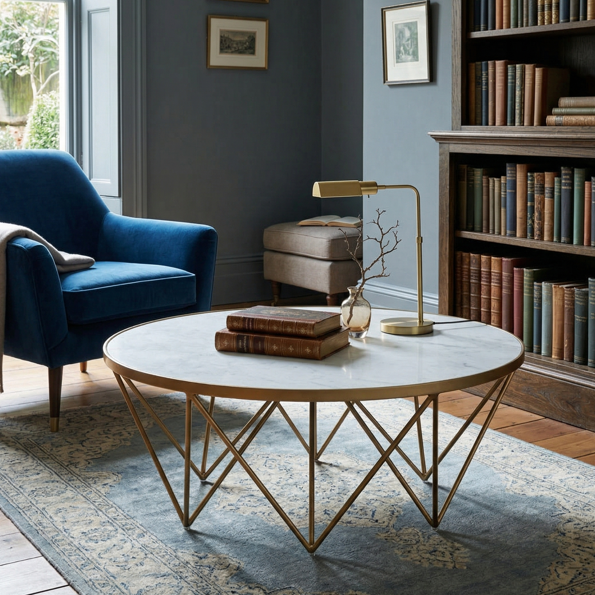 Living room with a blue armchair, round coffee table, and bookshelf.
