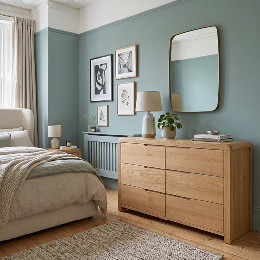 A styled bedroom interior featuring a light natural wood six-drawer dresser against a muted blue-gray wall, with a matching wall mirror, lamps, framed wall art, a bed, and wood flooring.