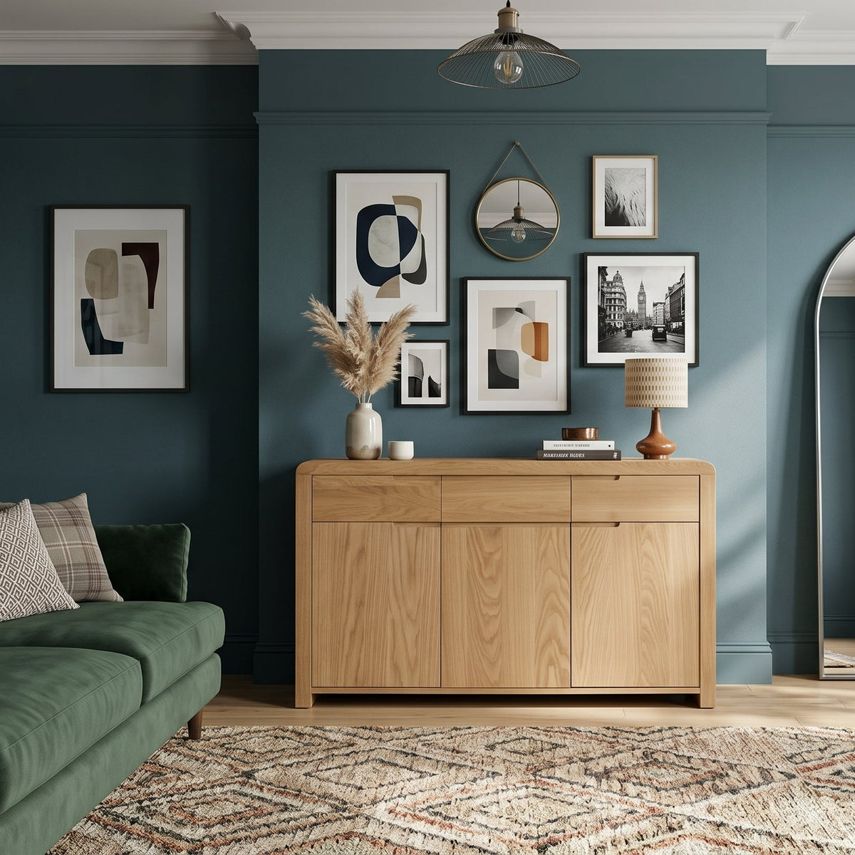 A styled living room with dark teal walls, a green sofa, a light wood sideboard, framed wall art, a large floor mirror, and potted plants.
