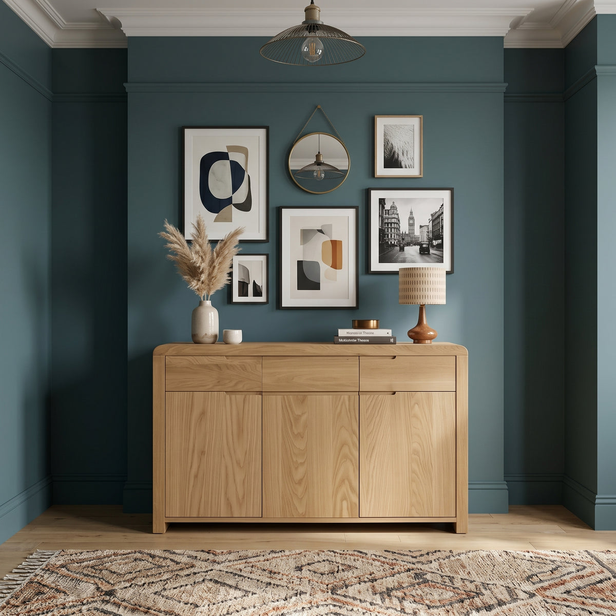 A light natural wood sideboard cabinet styled in a modern room with a dark teal wall, framed abstract and black-and-white wall art, a hanging mirror, a vase with dried grass, a table lamp, and a patterned rug.