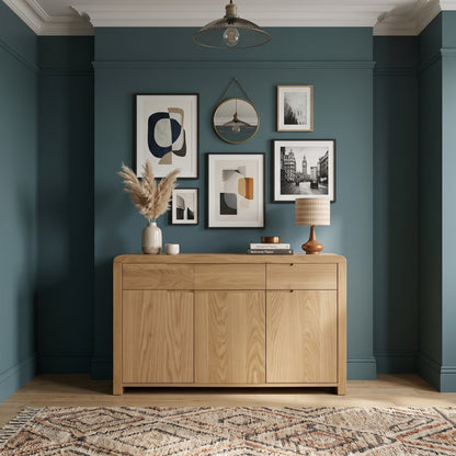 A light natural wood sideboard cabinet styled in a modern room with a dark teal wall, framed abstract and black-and-white wall art, a hanging mirror, a vase with dried grass, a table lamp, and a patterned rug.