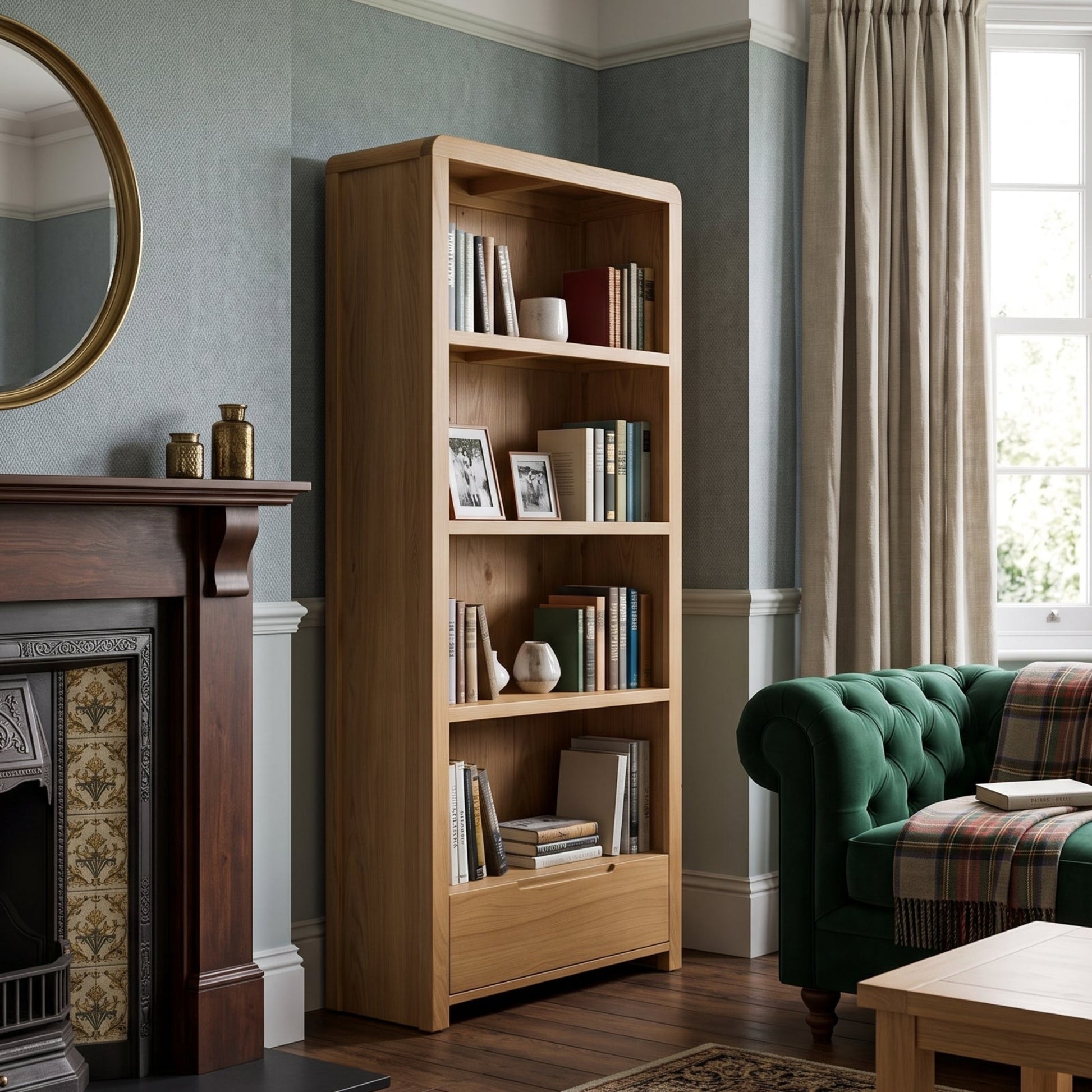 A tall wooden bookcase with five open shelves stands in a styled living room next to a fireplace and green tufted sofa. The bookcase is filled with books and small decor items, set against pale blue-gray walls and beige curtains.