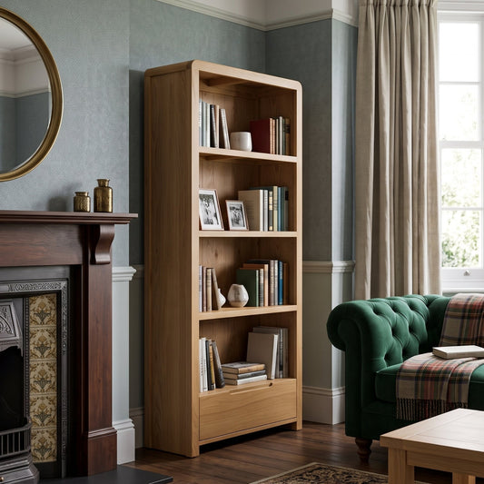 A tall wooden bookcase with five open shelves stands in a styled living room next to a fireplace and green tufted sofa. The bookcase is filled with books and small decor items, set against pale blue-gray walls and beige curtains.
