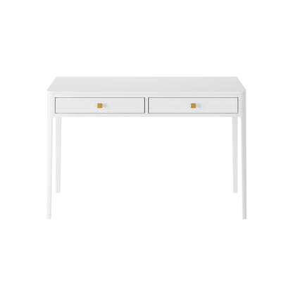 Elevate your workspace with the Abberley Dressing Table in stunning white stained solid oak and oak veneer with square brass style handles. Shop online today at www.nobleandnook.co.uk