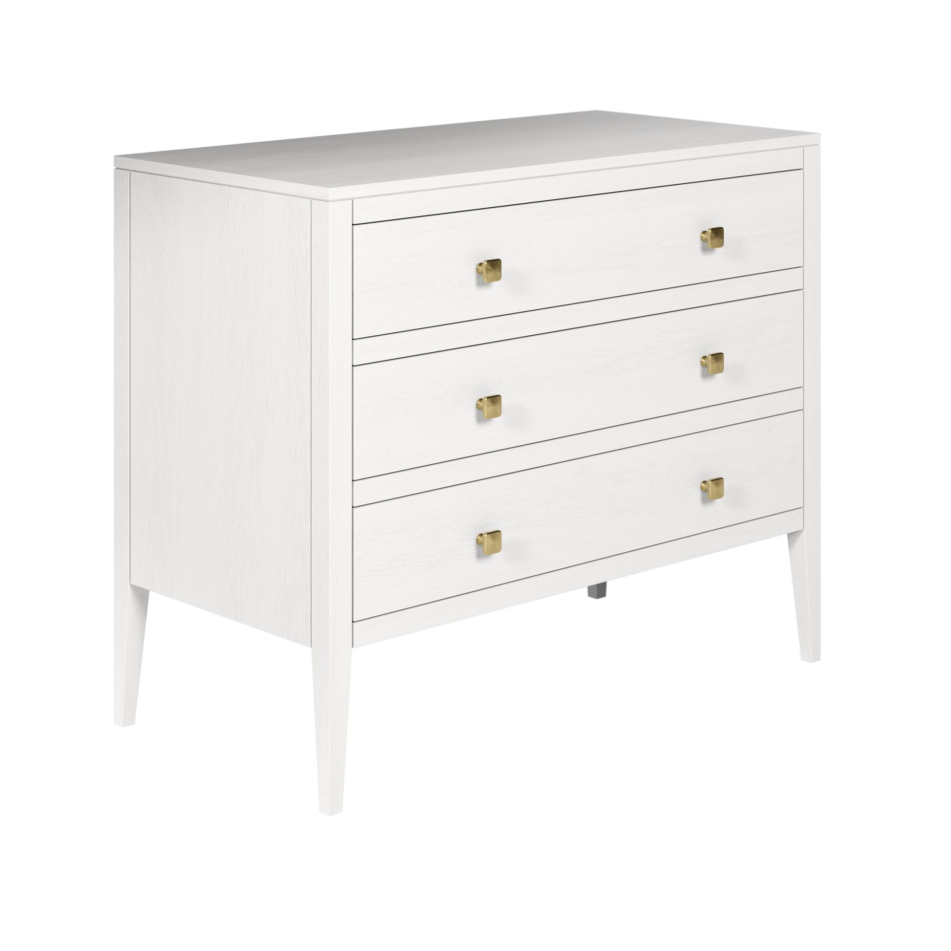Shop the solid oak Radford Chest of Drawers in white solid oak with visible grain and brass square handles by D.I. Designs. FREE UK MAINLAND DELIVERY. Shop online now at www.nobleandnook.co.uk